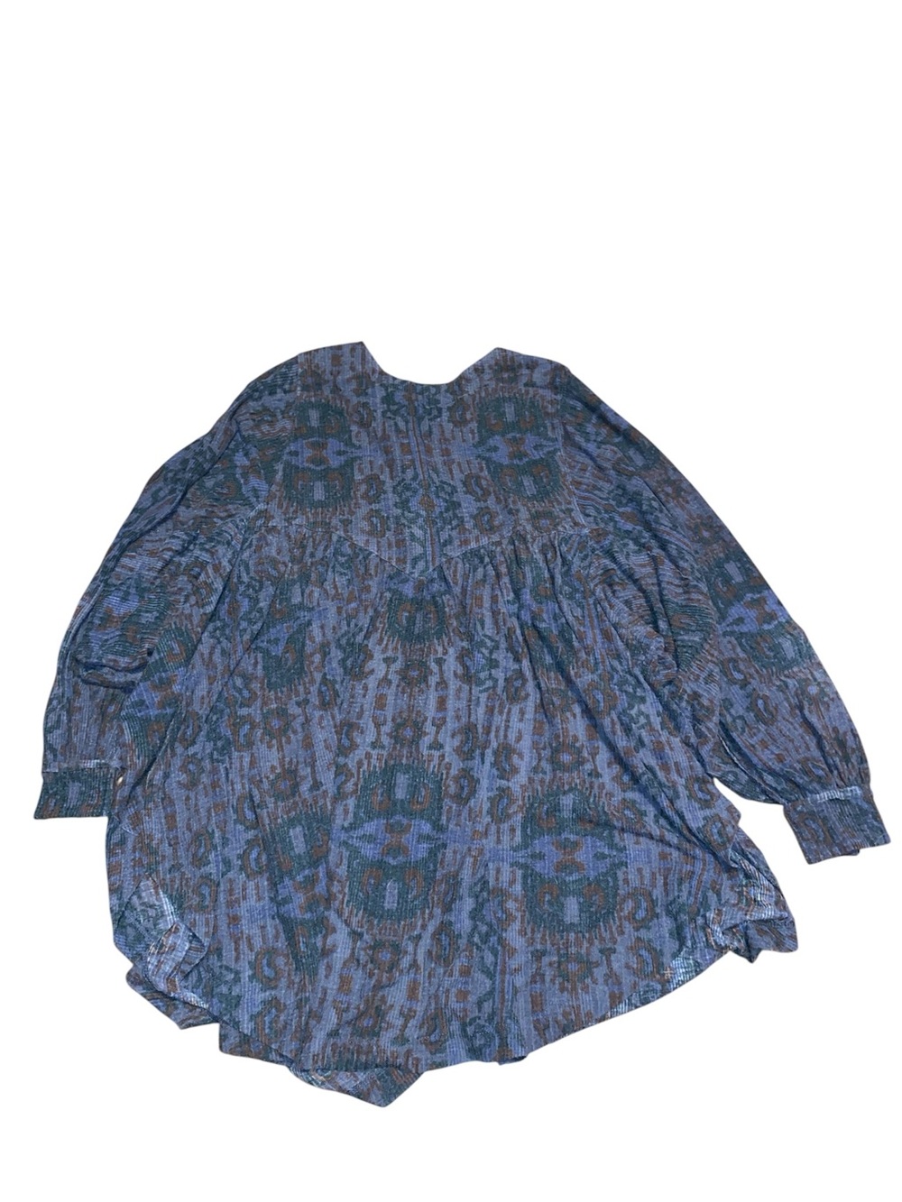 Free People Blue and Dark Teal Patterned Smocked Cuff Tunic